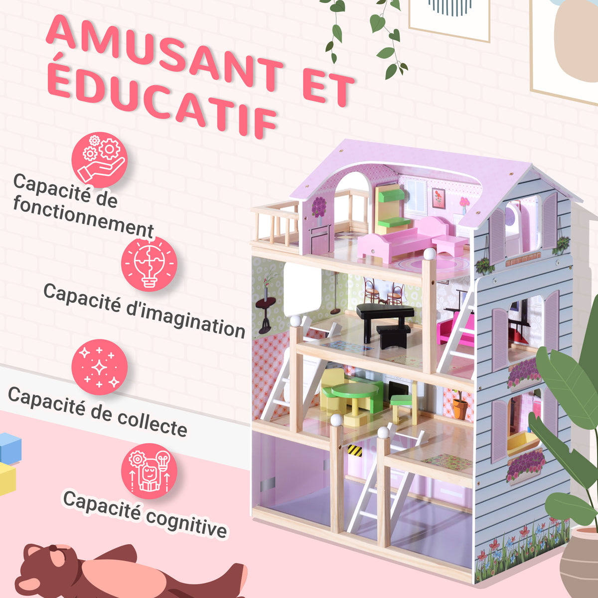 Maison de poupée en Bois Jeu d'imitation 4 Étages pour 3+ ans avec 13 Accessoires Grand réalisme Multi-équipement 60L x 30l x 80H cm Blanc et Rose