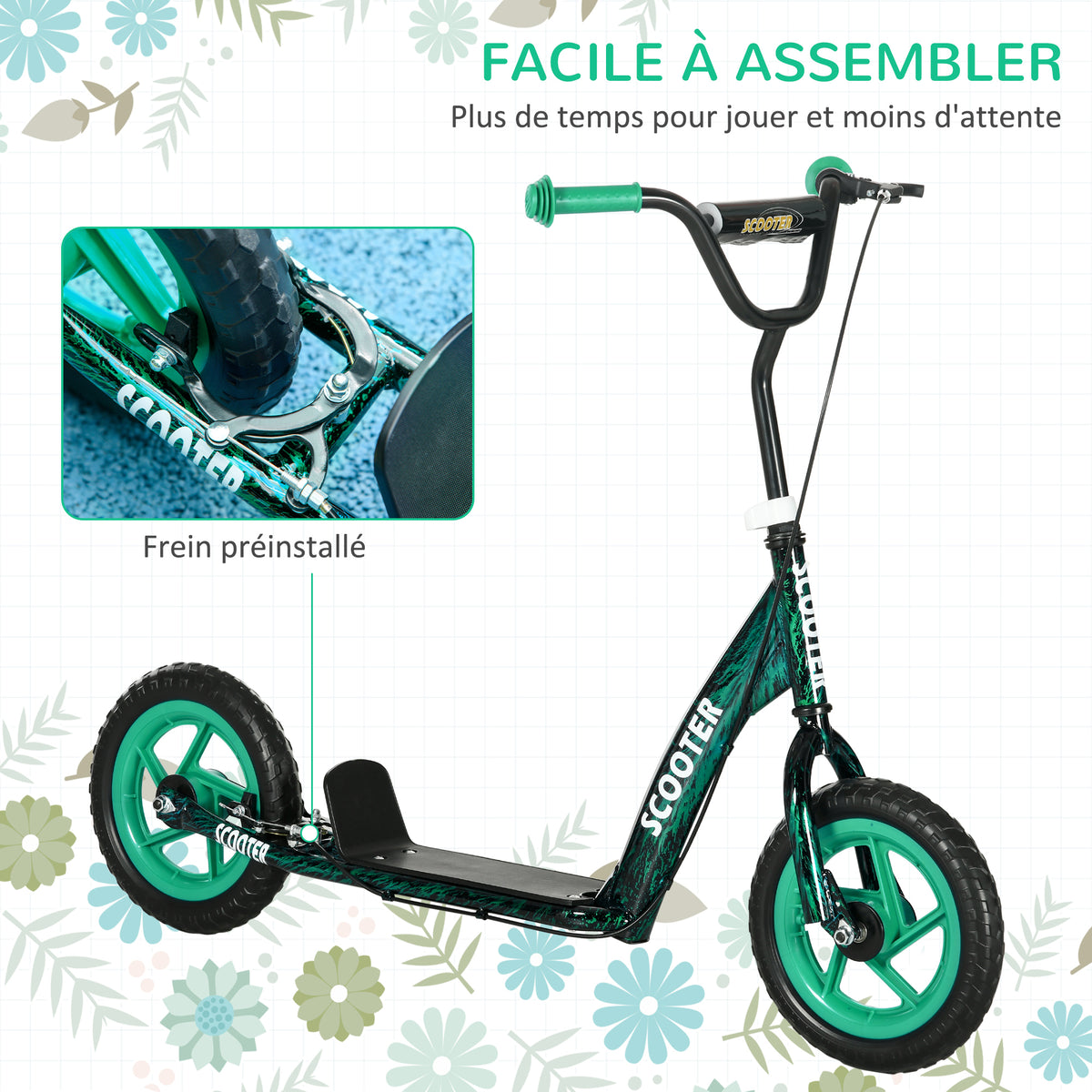 Trottinette patinette scooter enfant grandes roues de 6 à 12 ans hauteur réglable frein arrière béquille vert