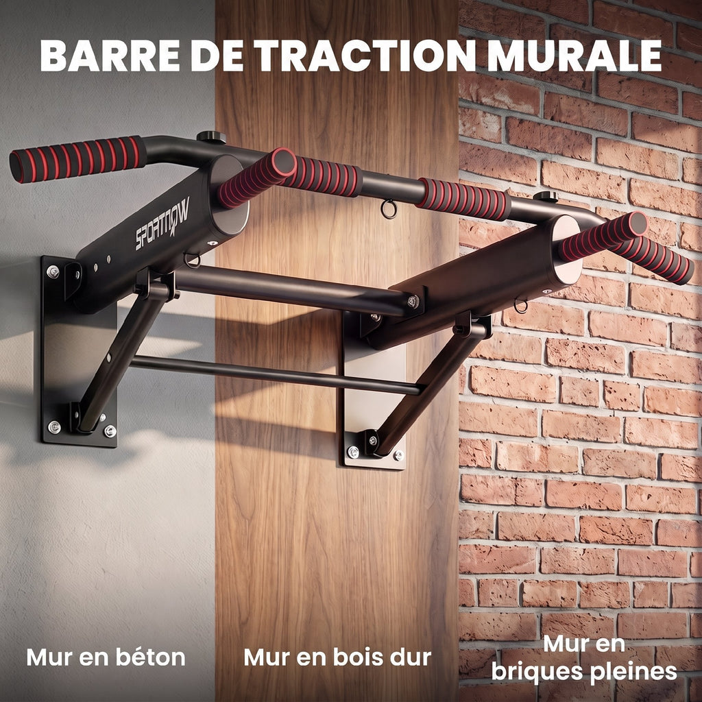 Barre de Traction Murale Pliable avec Poignées Antidérapantes, 3 Crochets pour Bandes de Résistance, 98x65x31cm, Noir