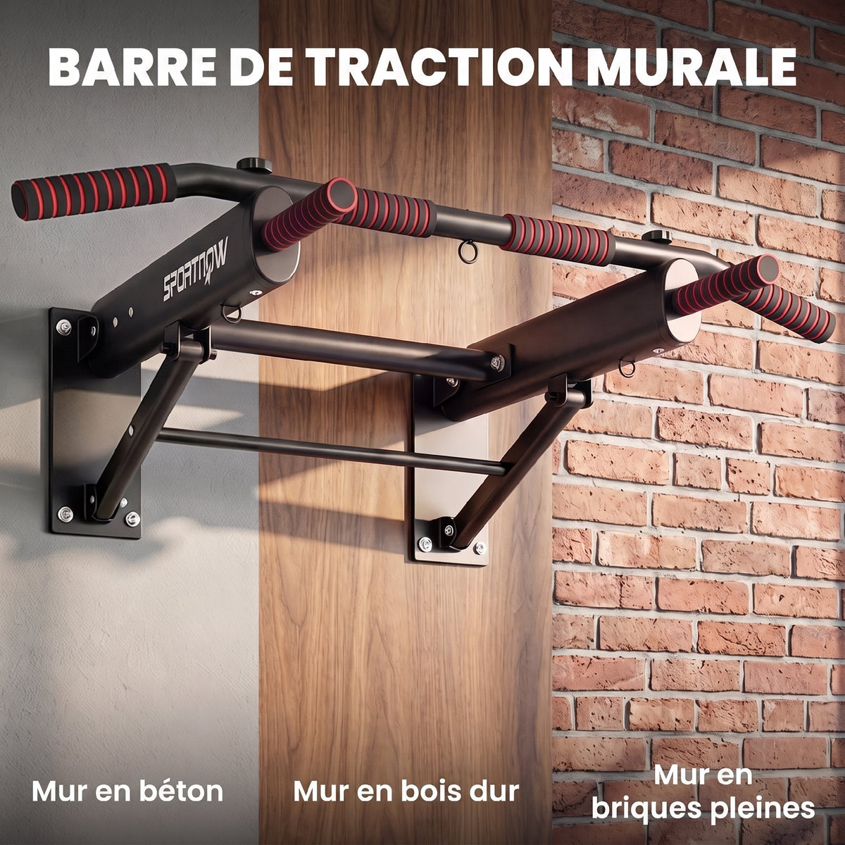Barre de Traction Murale Pliable avec Poignées Antidérapantes, 3 Crochets pour Bandes de Résistance, 98x65x31cm, Noir