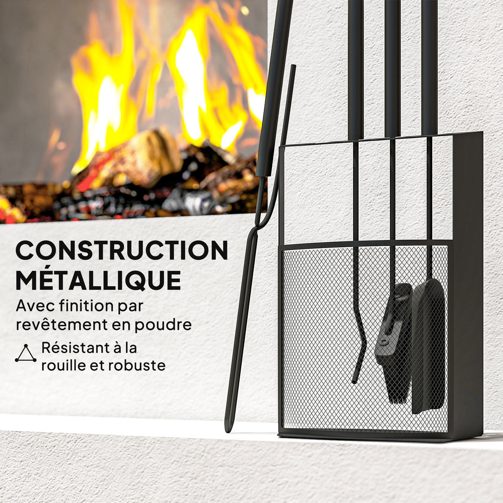 Ensemble serviteur de cheminée 5 pièces métal avec balai, pelle, tisonnier, paire de pinces et support 28x13x59,5cm noir