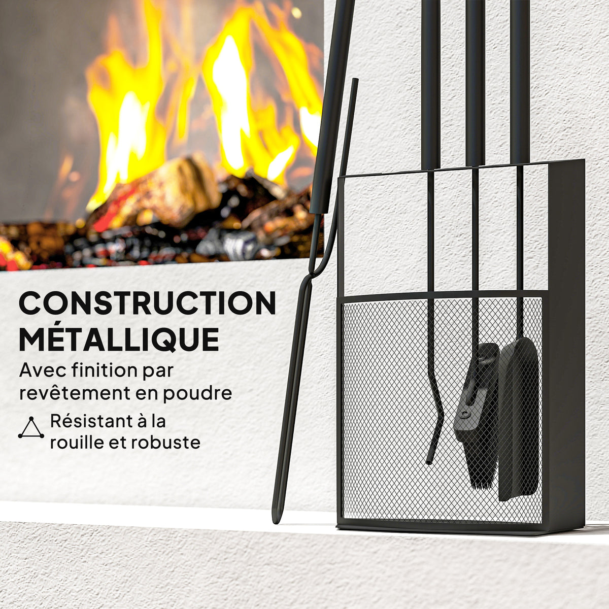 Ensemble serviteur de cheminée 5 pièces métal avec balai, pelle, tisonnier, paire de pinces et support 28x13x59,5cm noir