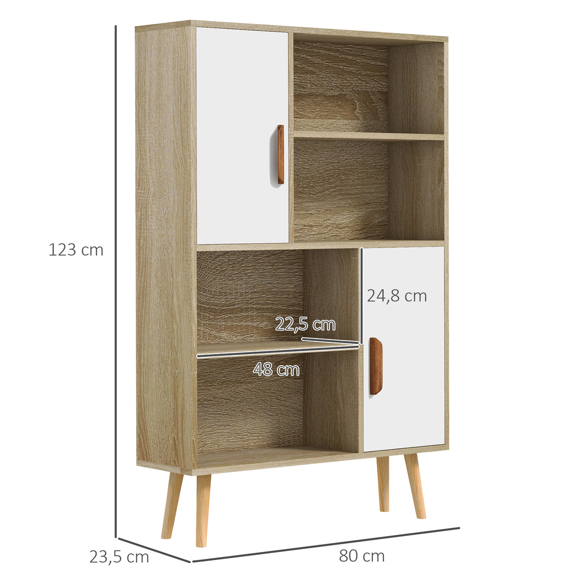 Bibliothèque scandinave 4 niches + 2 placards avec étagère dim. 80L x 24l x 123H cm Pieds effilés inclinés Bois Massif Chêne