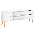 Meuble TV Banc TV Style scandinave Placard 2 niches 2 tiroirs Passe-Fils Panneaux Particules Blanc Bois pin