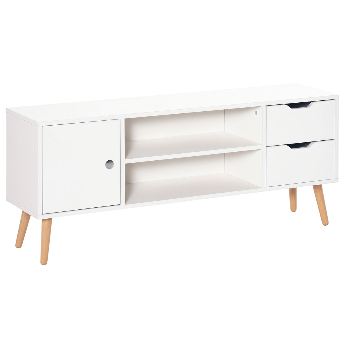Meuble TV Banc TV Style scandinave Placard 2 niches 2 tiroirs Passe-Fils Panneaux Particules Blanc Bois pin