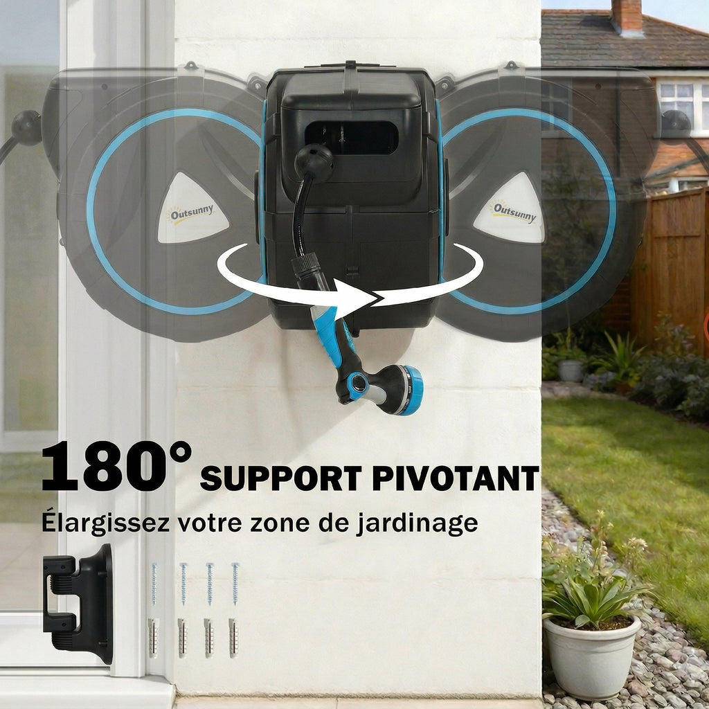 Enrouleur Tuyau Arrosage Mural Automatique 25m Dévidoir Automatique Pistolet d'Arrosage 10+2 Modes 55x31x50cm Bleu