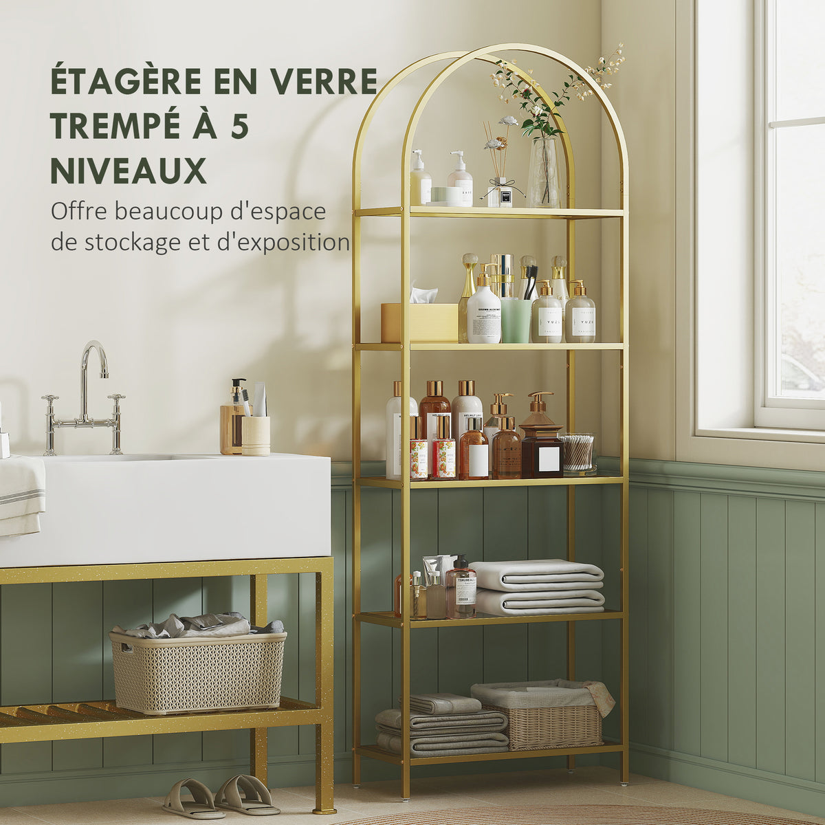 Bibliothèque étagère de rangement en verre à 5 niveaux arqué pour salon, bureau, chambre, 60 x 30 x 175 cm, doré