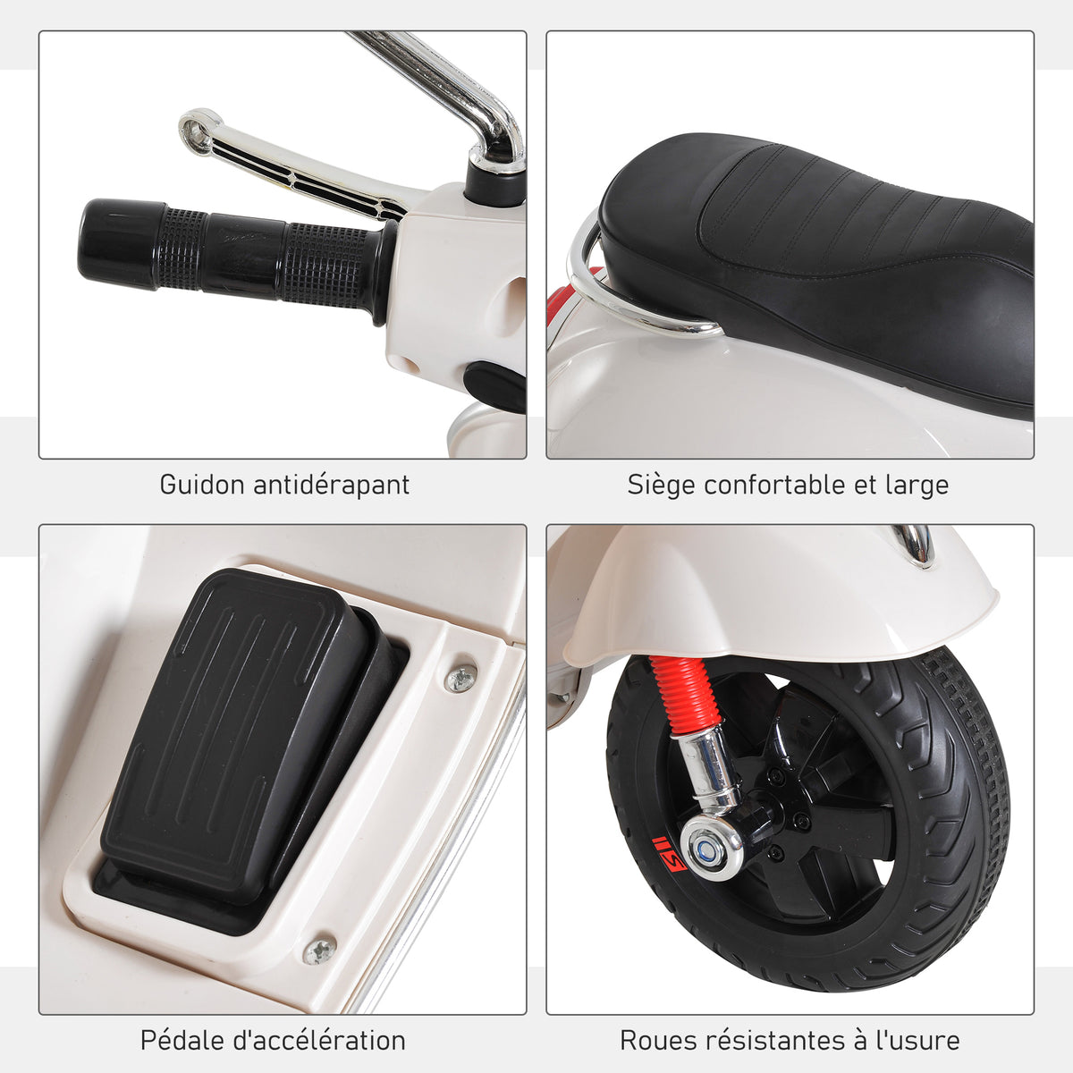 Vespa Scooter Moto électrique Enfants 6 V dim. 102L x 51l x 76H cm Musique MP3 Port USB klaxon Phare feu AR Blanc