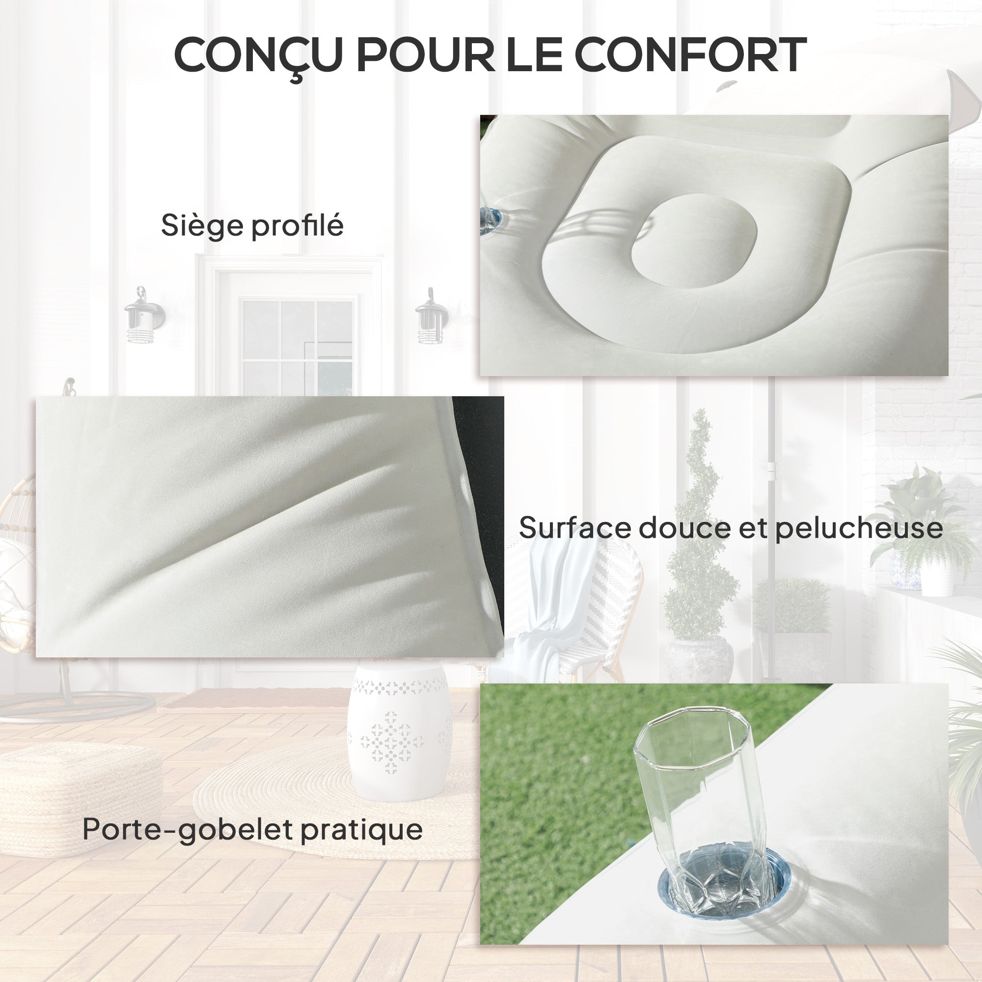 Canapé gonflable et repose-pieds, tissu aspect peluche doux et porte-gobelet, gris