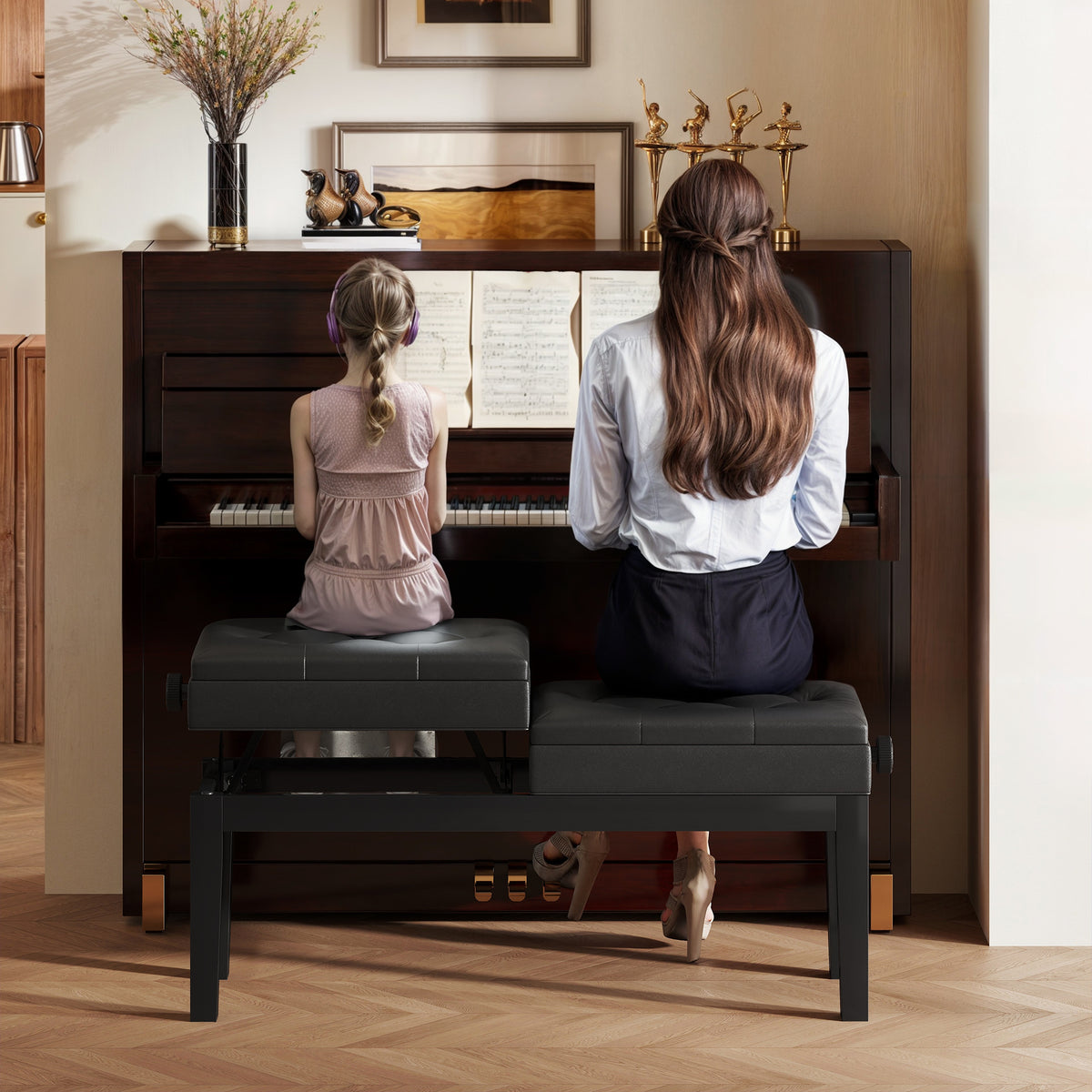 Banc de piano réglable en hauteur, tabouret de piano avec rangement, banquette pour clavier capitonné, noir