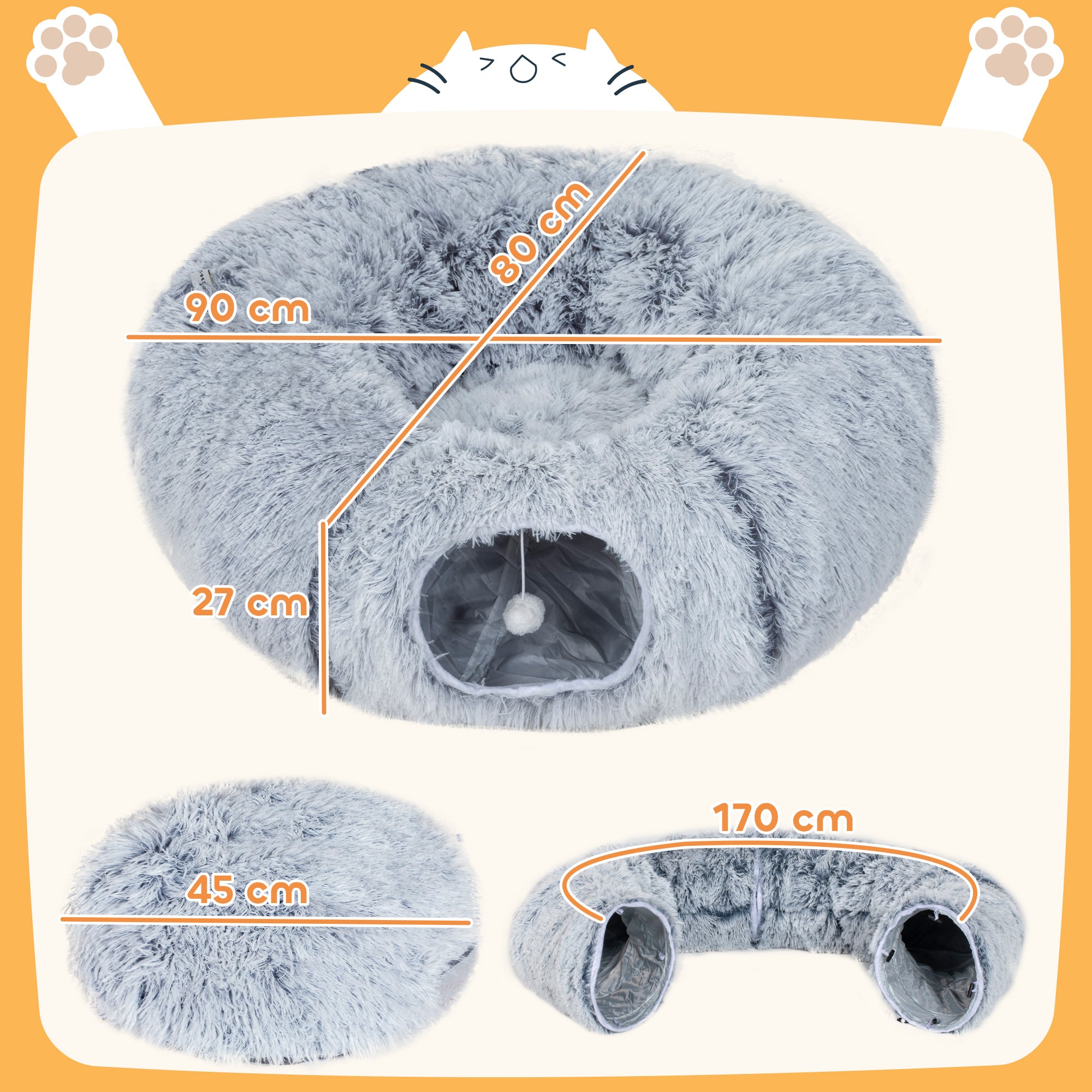 Tunnel pour Chat Intérieur avec Lit de Chat en Forme de Donut, Coussin Circulaire Lavable, 90x80x27cm, Gris Clair