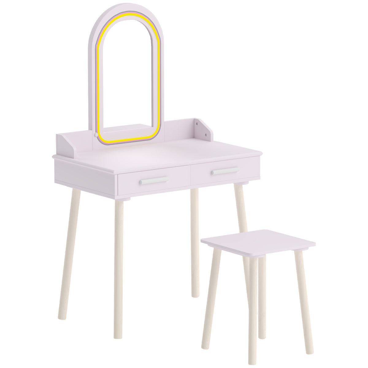Coiffeuse Enfant en Bois avec Miroir LED 3 Couleurs, Tabouret, Tiroir et Plateau Spacieux, 60x36x100cm, 3 à 8 Ans, Rose