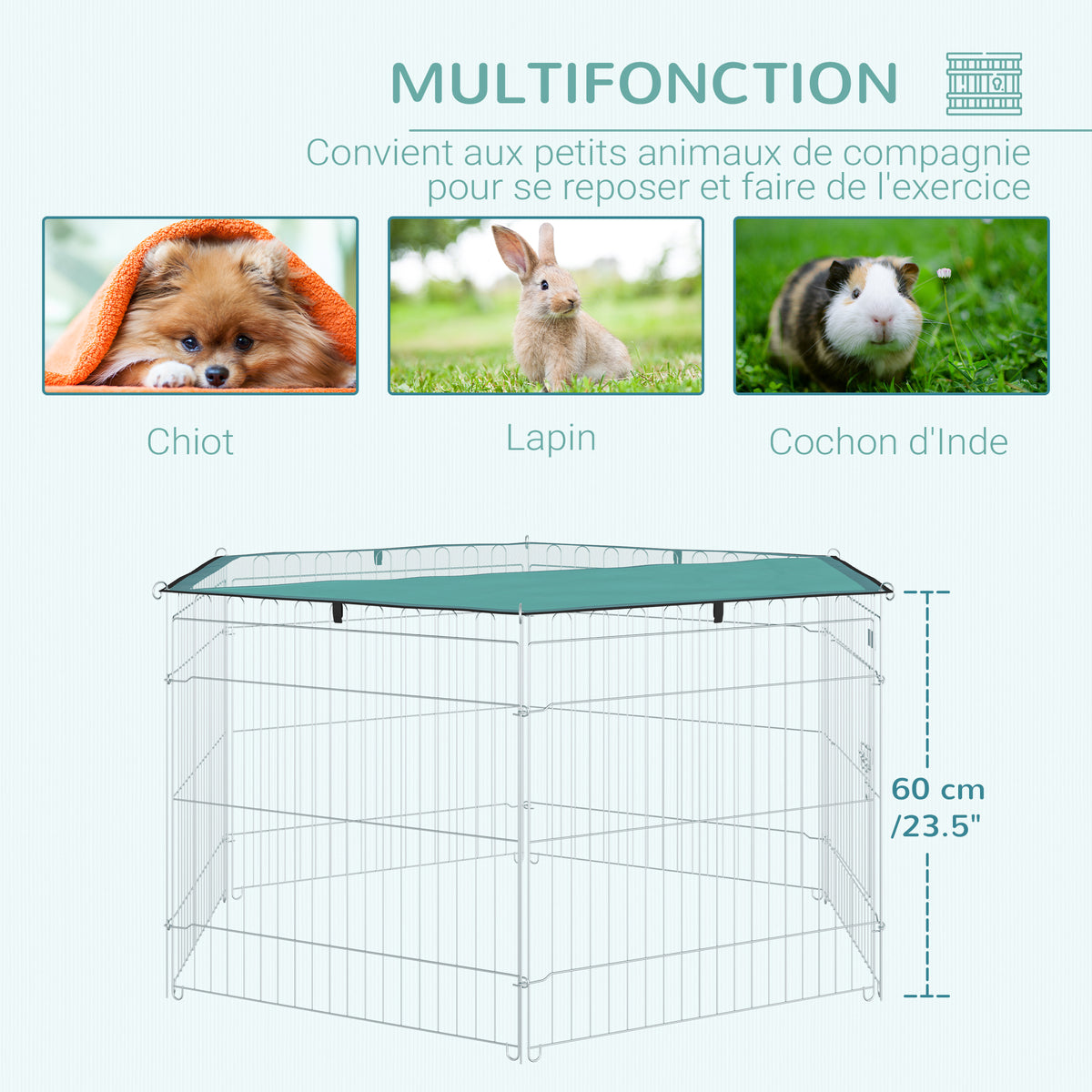 Parc pour chien, enclos chien 6 panneaux avec toit, modulable et pliable, enclos portable 60H cm avec porte, clôture pour chat, chiens de petit taille, intérieur et extérieur, argent, vert
