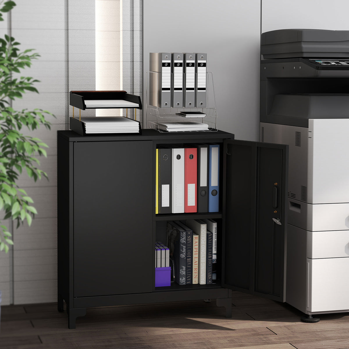 Armoire de bureau à 2 niveaux, meuble de rangement bureau métallique avec 2 portes verrouillables, 80 x 35 x 91 cm, noir