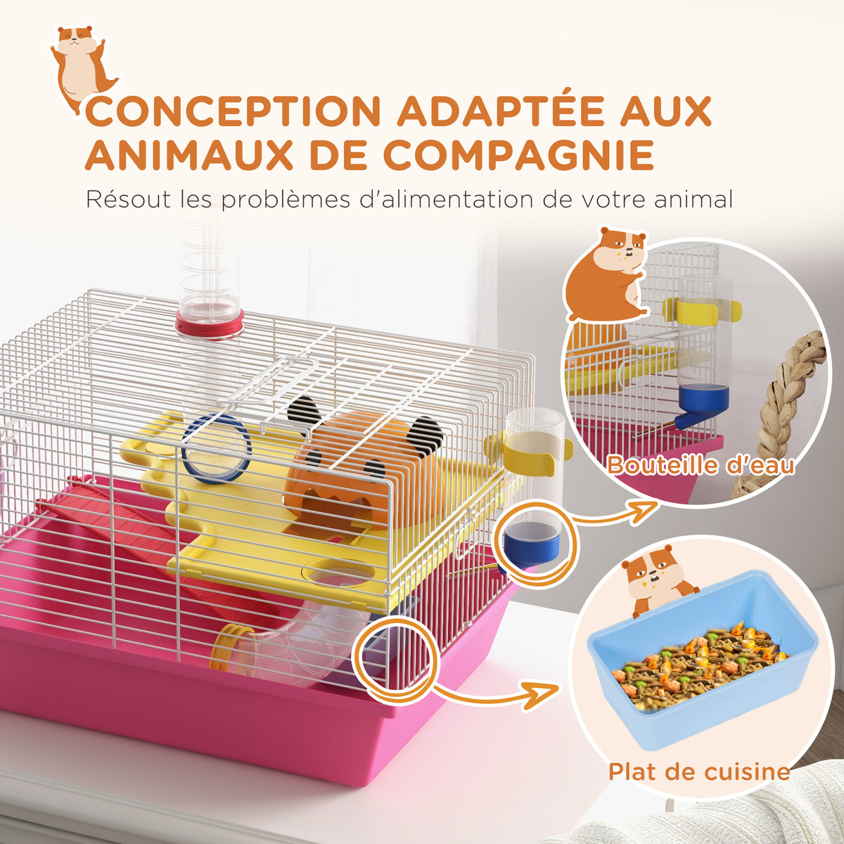 Cage à hamster rat rongeur multicolore avec plateforme, biberon eau, roue, maisonnette, 34 x 27 x 25 cm, rose