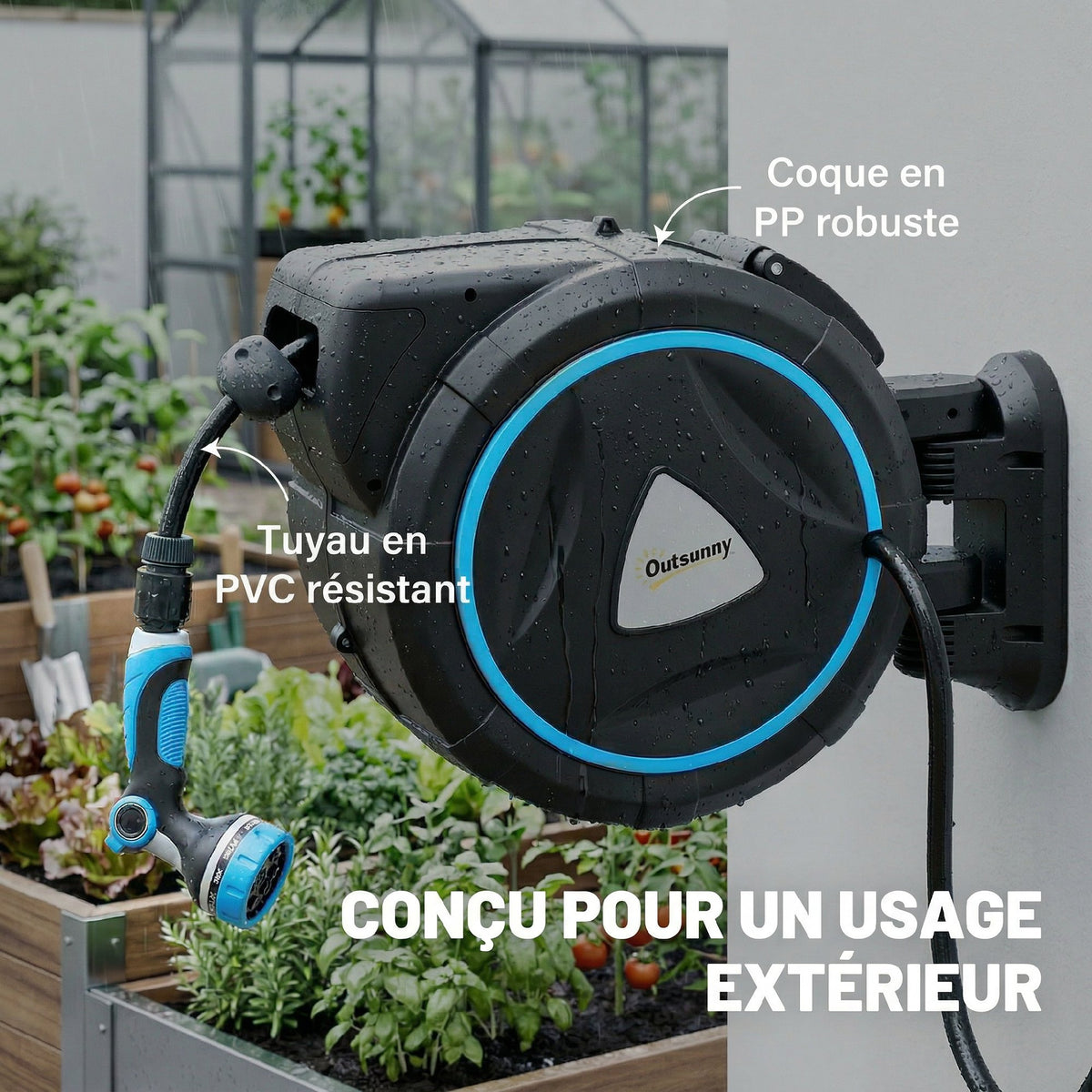 Enrouleur Tuyau Arrosage Mural Automatique 25m Dévidoir Automatique Pistolet d'Arrosage 10+2 Modes 55x31x50cm Bleu