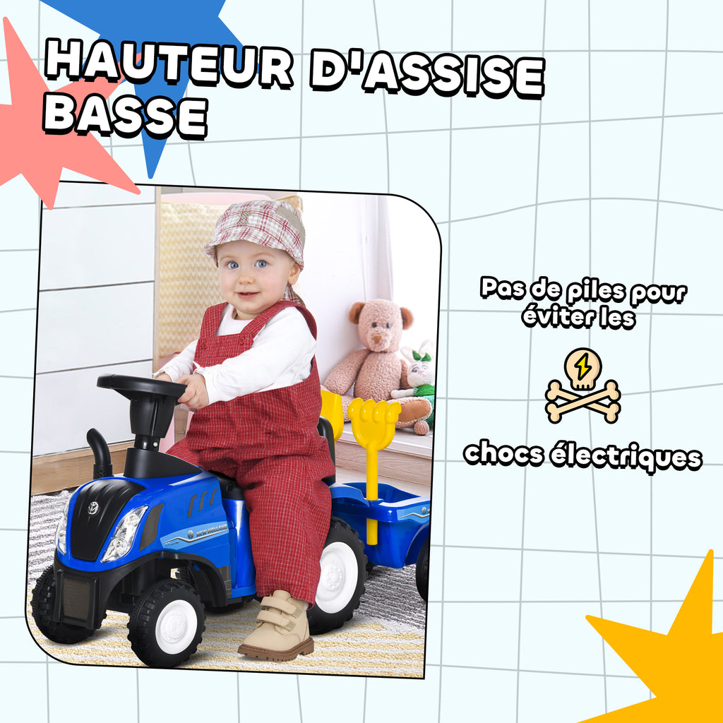 Porteur tracteur enfants avec coffre amovible, râteau et pelle, voiture enfants avec lumière LED et klaxon, bleu