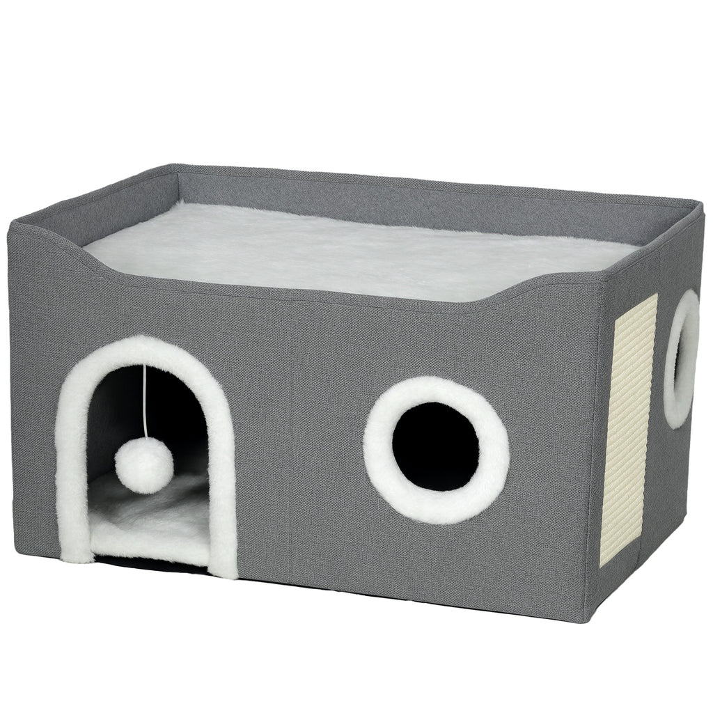 Niche Chat Interieur Pliable avec Griffoir, Lit Surélevé, Entrées, Jouet Suspendu, Coussin Réversible, 60x40x34cm, Gris