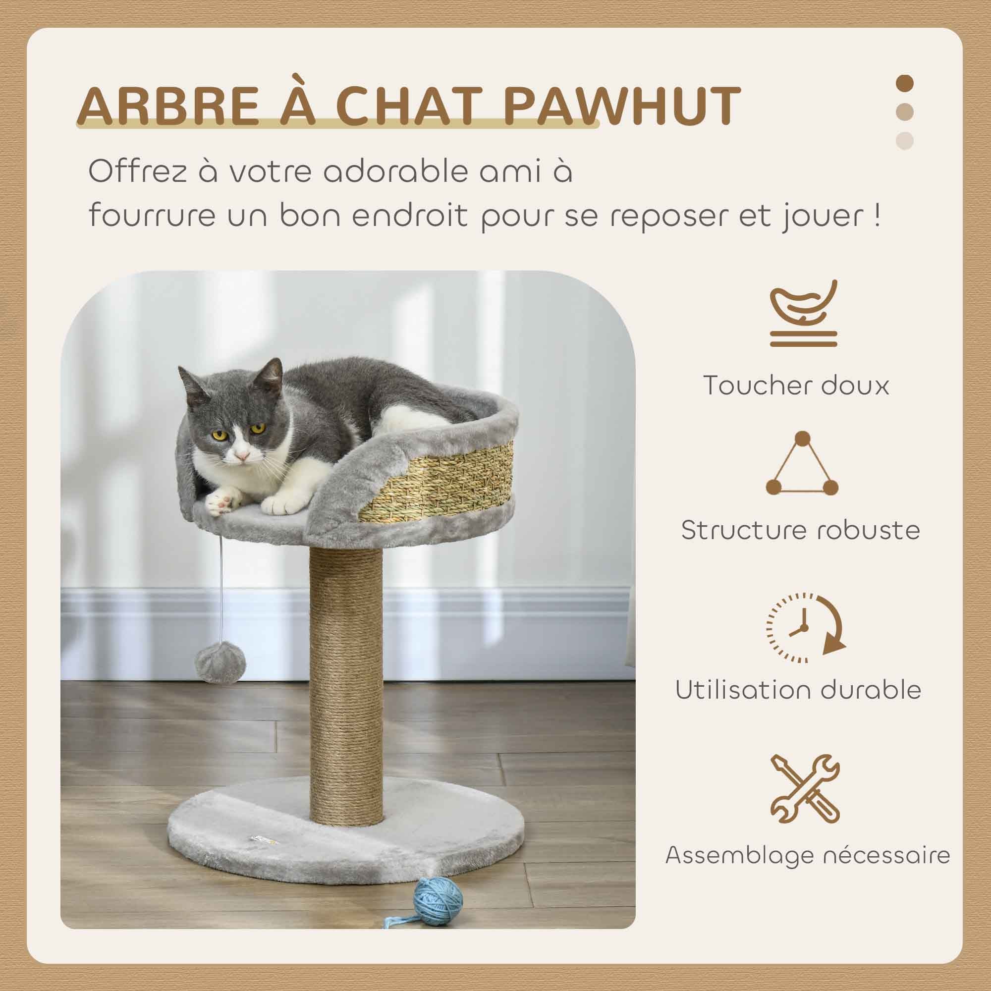 Arbre à chat arbre à grimper grattoir design jeu pompon suspendu + plateforme peluche 40 x 40 x 49 cm jute gris