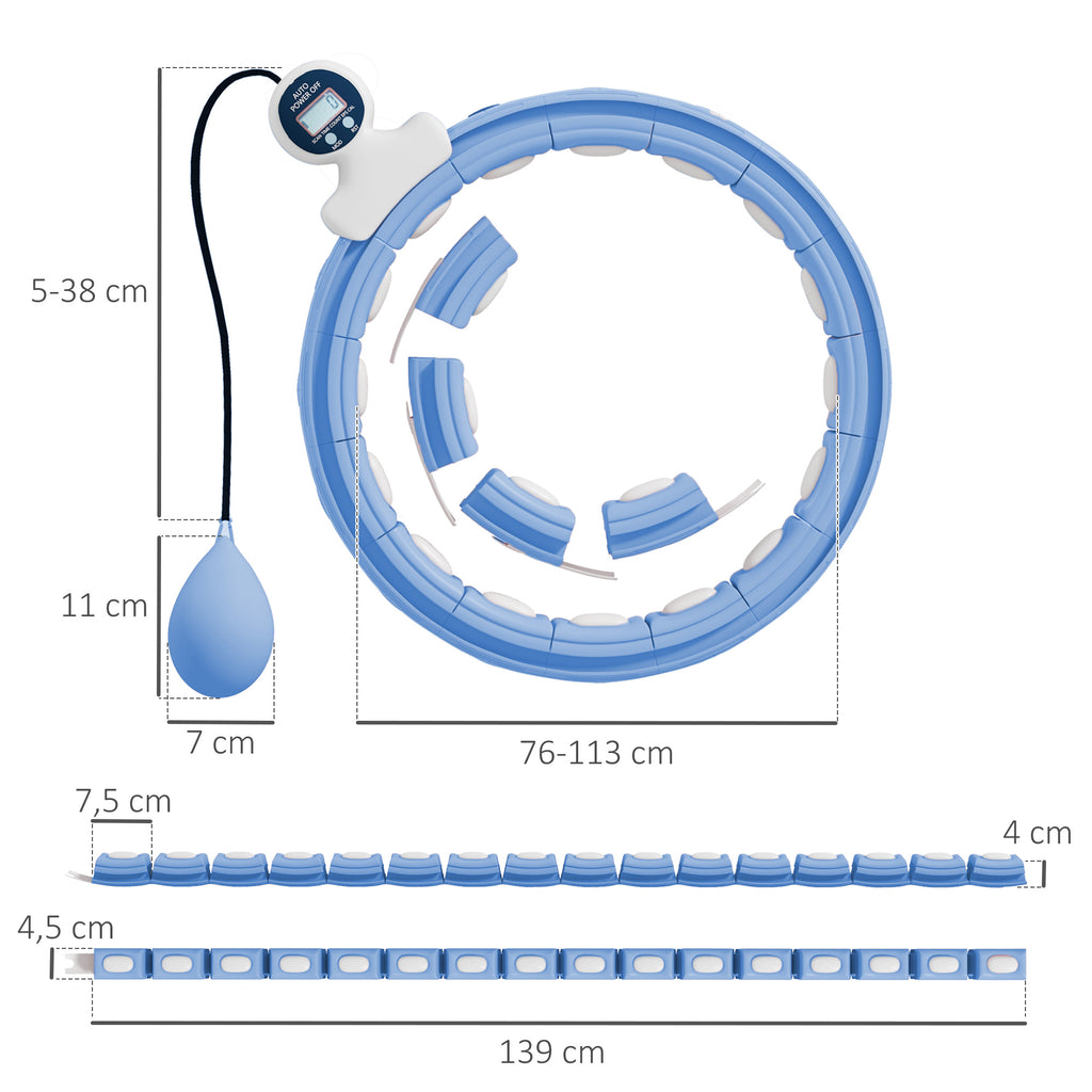 Hula Hoop Cerceau avec Picots de Massage ajustable de 76 à 113 cm de tour de taille 16 segments amovibles, bleu clair