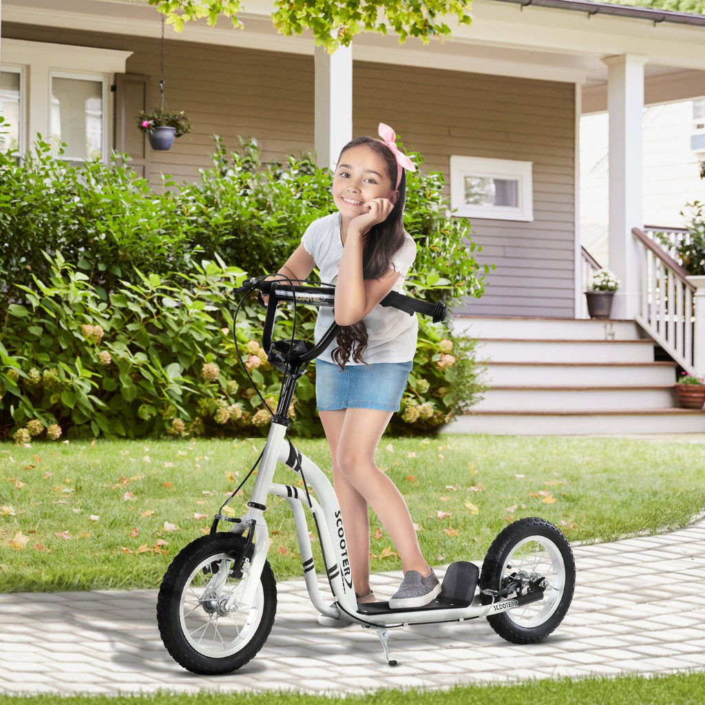 Trottinette enfants, grandes roues pneumatiques 12 pouce en caoutchouc, charge 100 kg, trottinette tout terrain avec double freins, hauteur réglable et béquille latérale, 5 à 12 ans, blanc