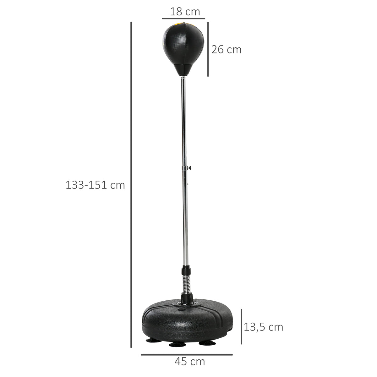 Punching ball sur pied réglable hauteur 133 -151 cm, sac de frappe sur pied 2 gants base lesté 45 x 45 x 133-151 cm noir