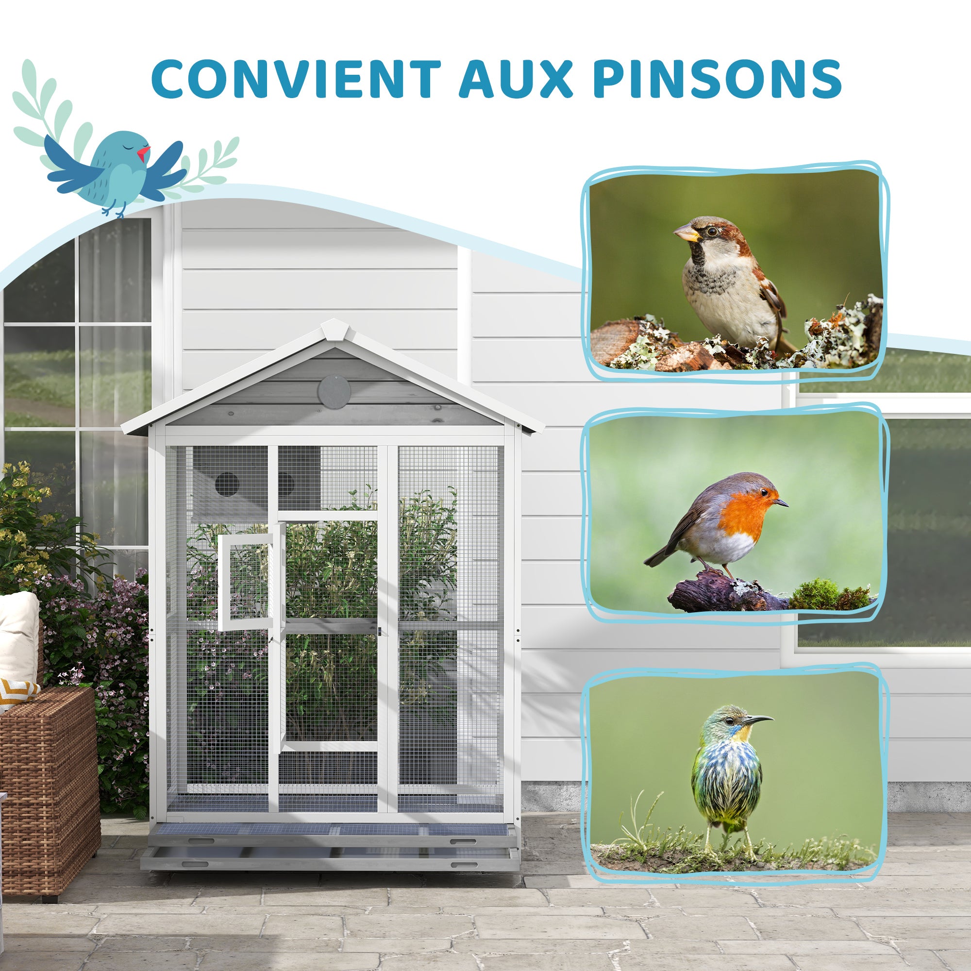 Grande cage oiseau volière à oiseaux intérieur exterieur, 4 perchoirs 112 x 68 x 154 cm gris