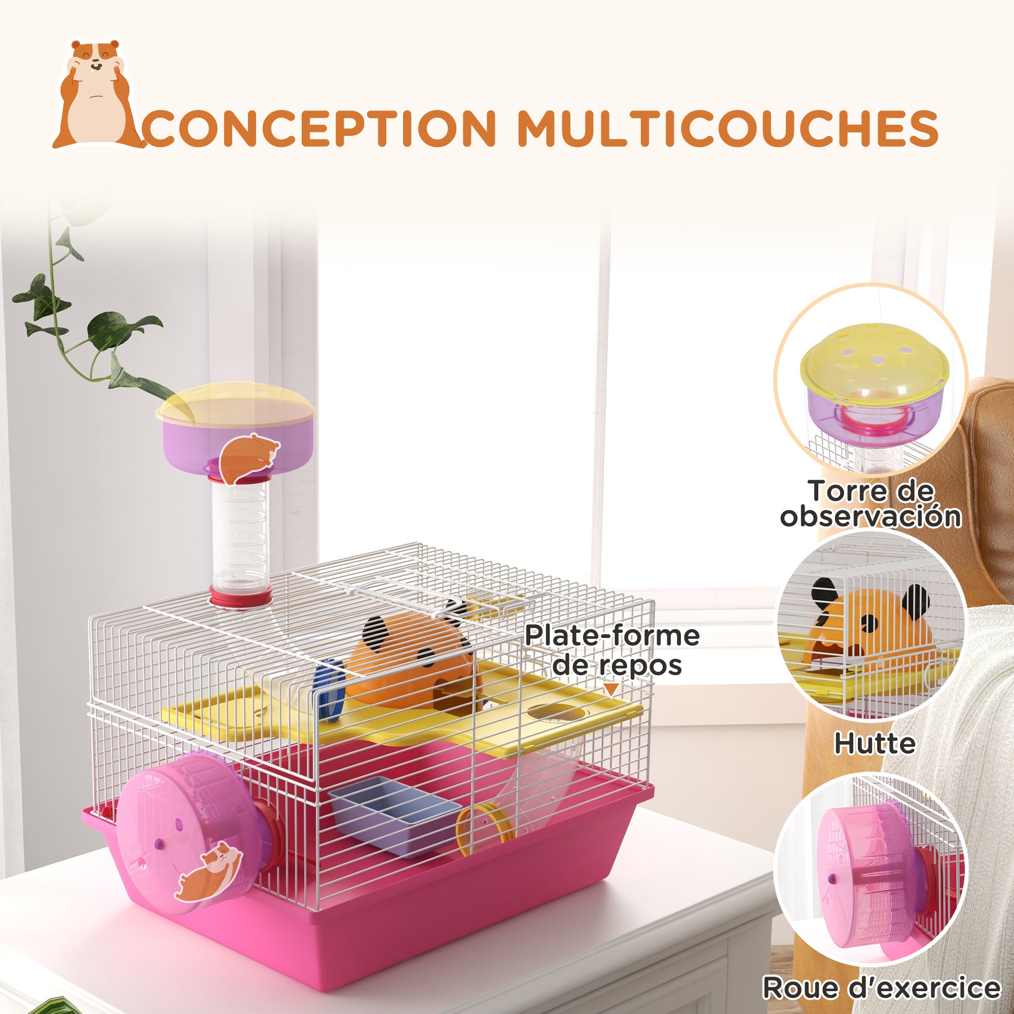 Cage à hamster rat rongeur multicolore avec plateforme, biberon eau, roue, maisonnette, 34 x 27 x 25 cm, rose