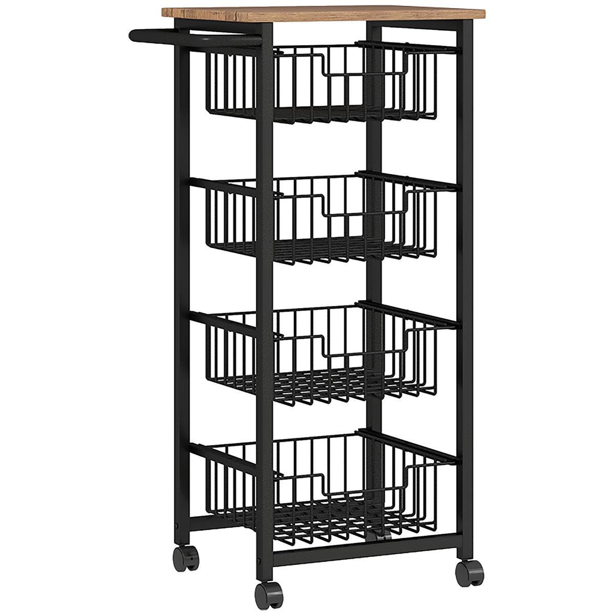 Chariot de rangement à 5 niveaux, desserte à roulettes, 4 paniers coulissants et plateau, 49,5x31x91cm, chêne et noir