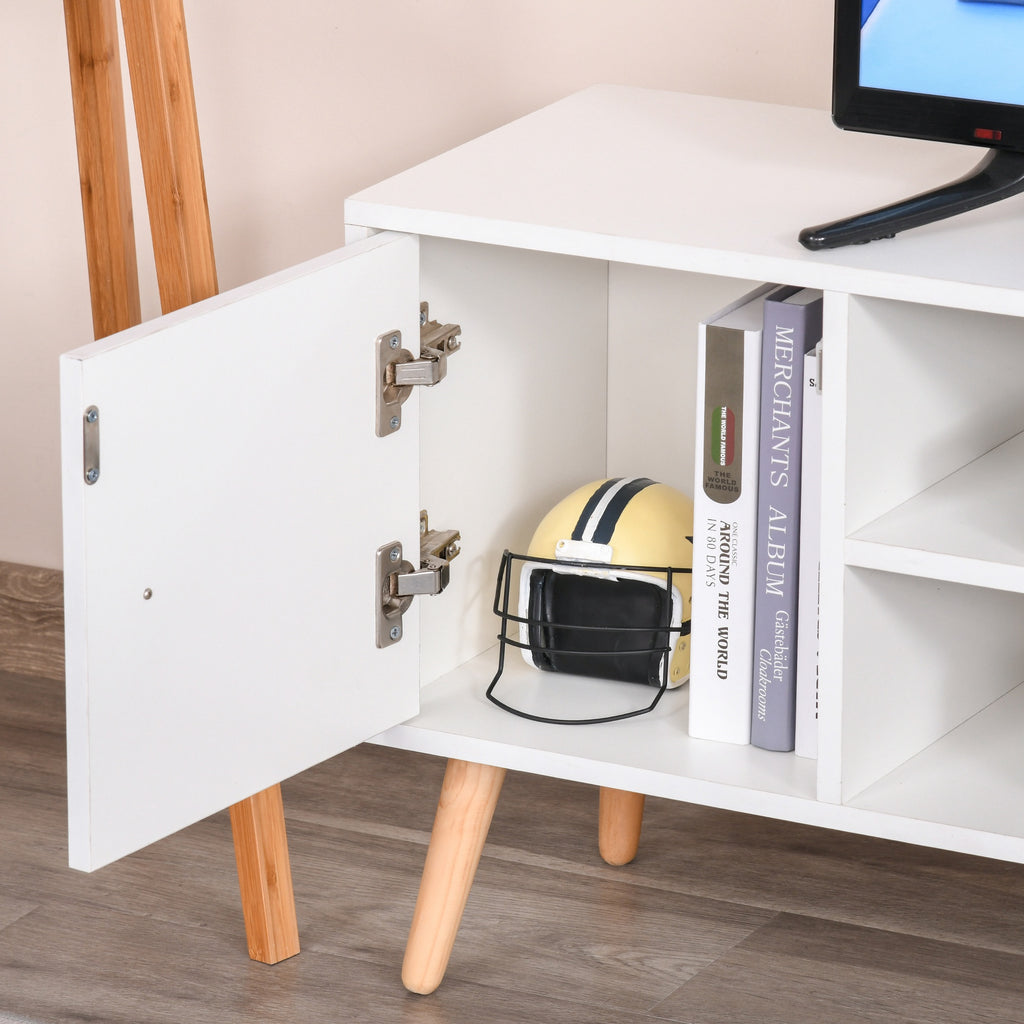Meuble TV Banc TV Style scandinave Placard 2 niches 2 tiroirs Passe-Fils Panneaux Particules Blanc Bois pin