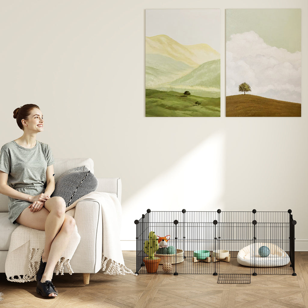 Enclos pour petits animaux, cage à lapin modulable 12 panneaux avec tapis étanche, en acier, 120 x 60 x 40 cm, noir