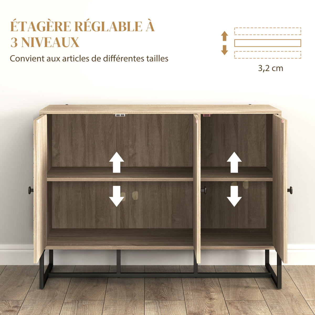 Buffet salon meuble de rangement armoire de cuisine avec placard 2 portes et étagères réglables 108 x 40 x 80 cm, chêne