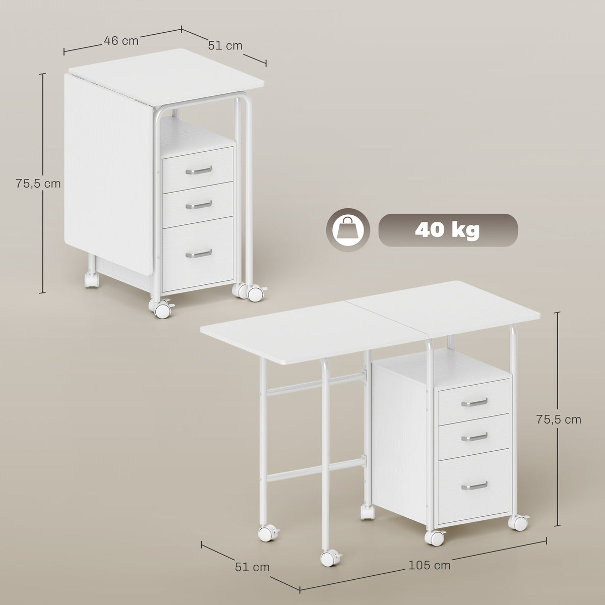 Bureau d'ordinateur pliable sur roulettes, bureau avec rangement, 3 tiroirs, plateau extensible, 105x51x75,5cm, blanc