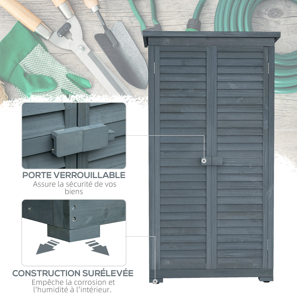 Armoire de jardin remise pour outils en bois 2 étagères toit bitumé portes persiennes 87 x 47 x 160 gris