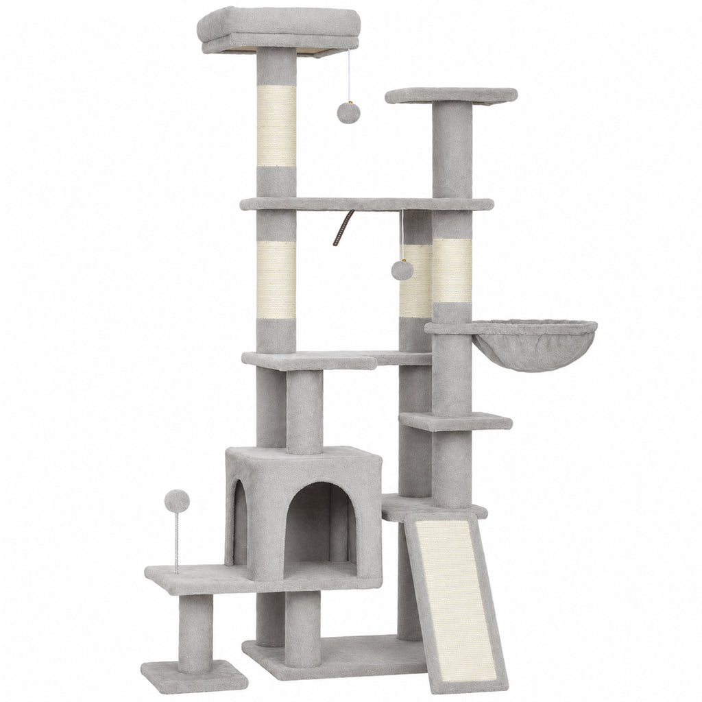 Arbre à Chat 5 niveaux 152cm, Niche, Hamac, Plateforme, Poteaux à Griffer, Balles Suspendues, Gris Clair