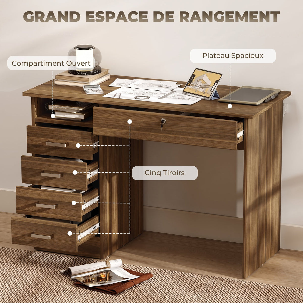 Bureau Informatique avec 5 Tiroirs, 110 x 50 cm, Bureau avec Rangement, Étagère Ouverte, Tiroir Verrouillable, Noyer