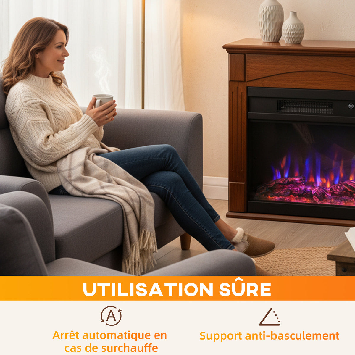 Cheminée électrique 1000W/2000W, fausse cheminée effet flamme 3D à 6 couleurs et 3 luminosités, 68,5x27,5x63cm, marron