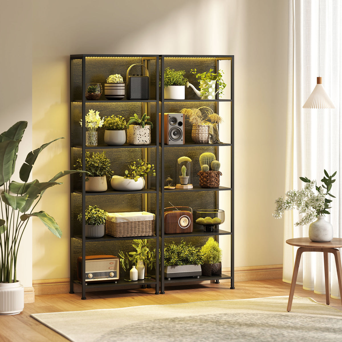 Bibliothèque étagère de rangement à 5 niveaux avec éclairage LED 7 couleurs, structure en acier, 60 x 30 x 179 cm, noir