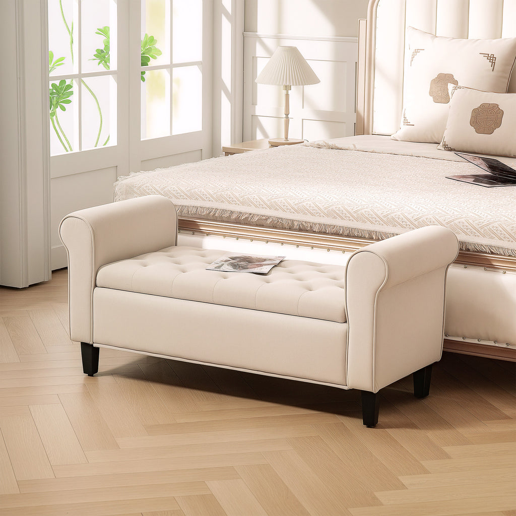 Banc de rangement bout de lit avec accoudoirs, tissu effet velours rembourré et capitonné, 126 x 48,5 x 57 cm, beige