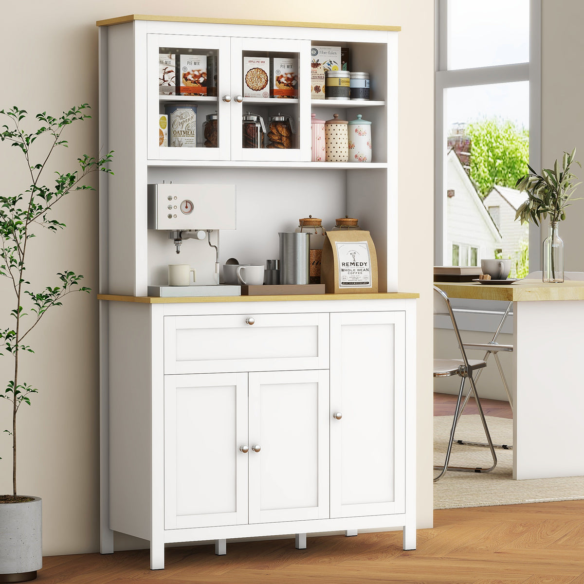Buffet de cuisine haut 5 portes dont 2 portes vitrées et 1 tiroir, 1 niche centrale - hauteur 180 cm blanc