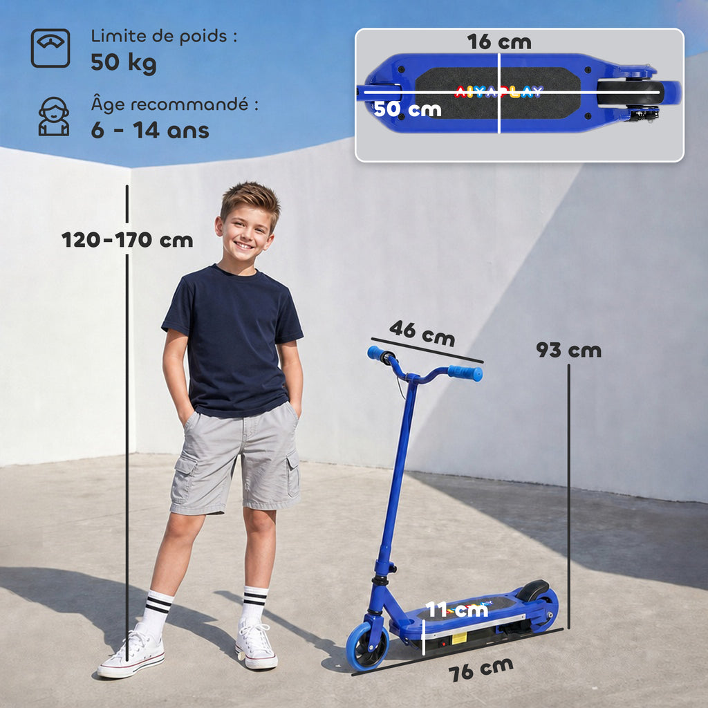 Trottinette électrique pour enfants 6-14 ans, vitesse maximale 10 km/h, lumières LED colorées, frein électrique, bleu