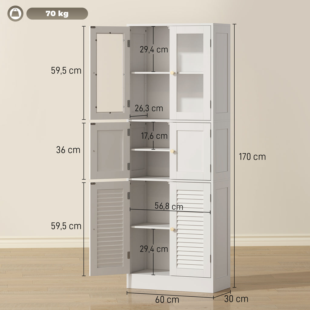 Meuble de salle de bain haut, meuble de rangement avec 6 portes dont 2 vitrées et 2 persiennes, étagère réglable, blanc