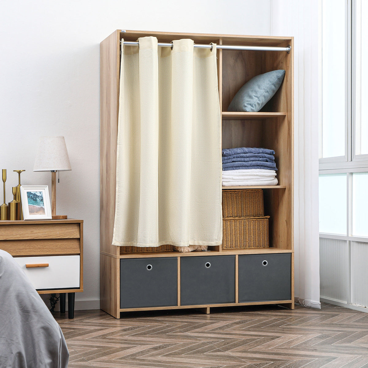 Armoire penderie armoire de rangement avec tringle rideaux 3 tiroirs en tissu amovibles 105 x 48 x 160 cm naturel