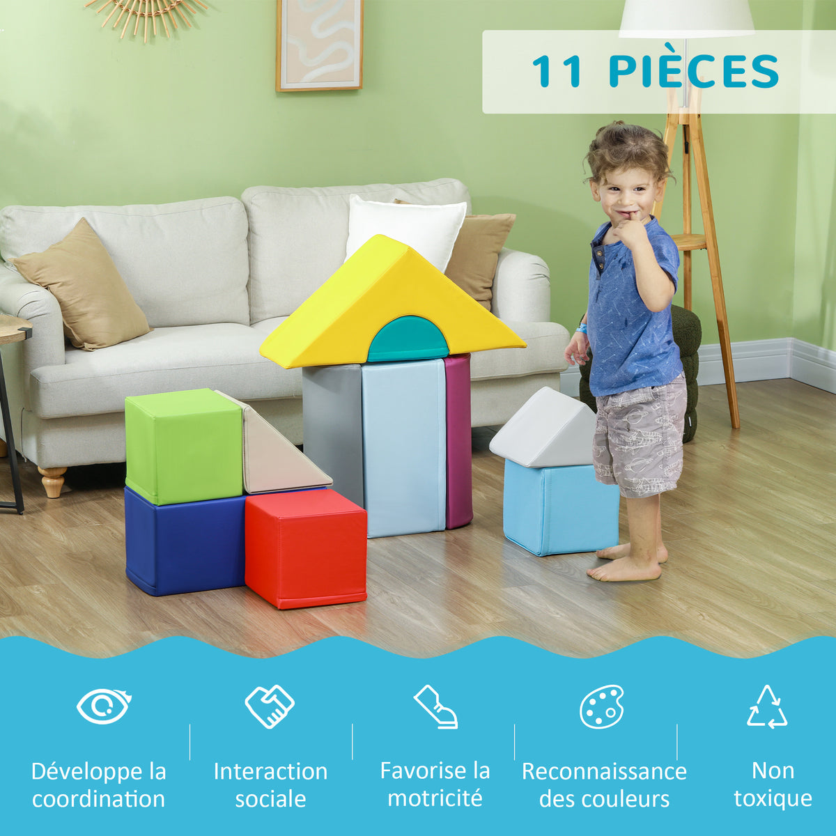 Parcours de motricité bébé 11PCS, module motricité bébé en mousse avec housse en polyuréthane et remplissage en EPE, multicolore
