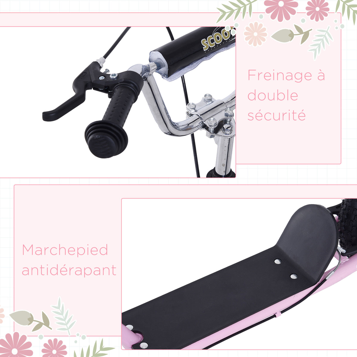 Trottinette patinette Grandes Roues pneumatiques Ø 41 cm avec pegs Rose