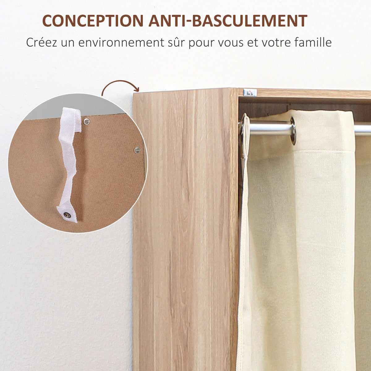 Armoire penderie armoire de rangement avec tringle rideaux 3 tiroirs en tissu amovibles 105 x 48 x 160 cm naturel