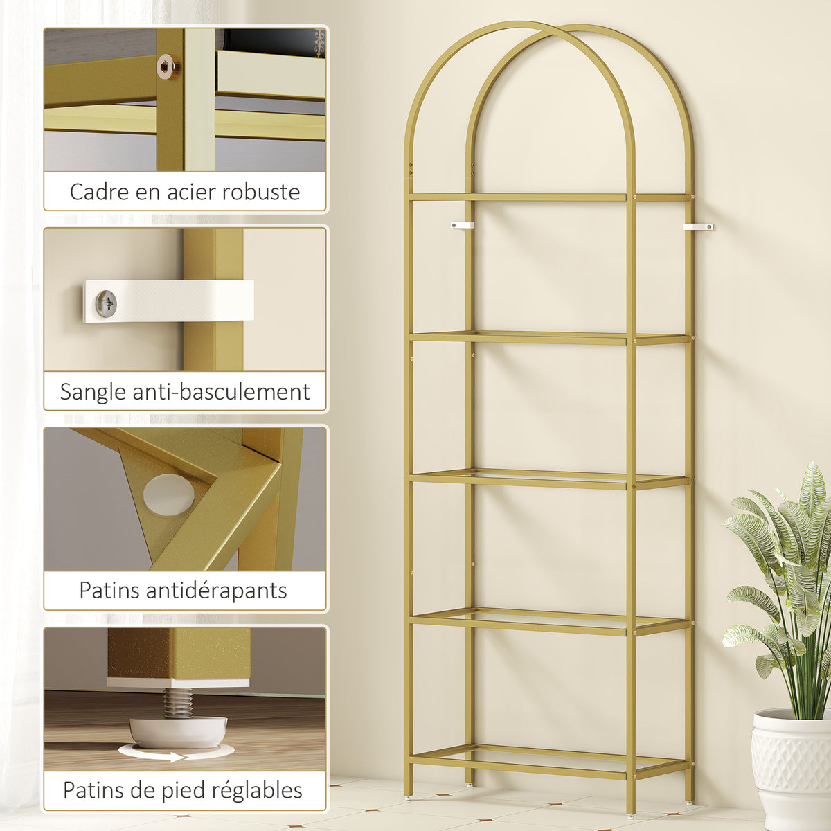 Bibliothèque étagère de rangement en verre à 5 niveaux arqué pour salon, bureau, chambre, 60 x 30 x 175 cm, doré