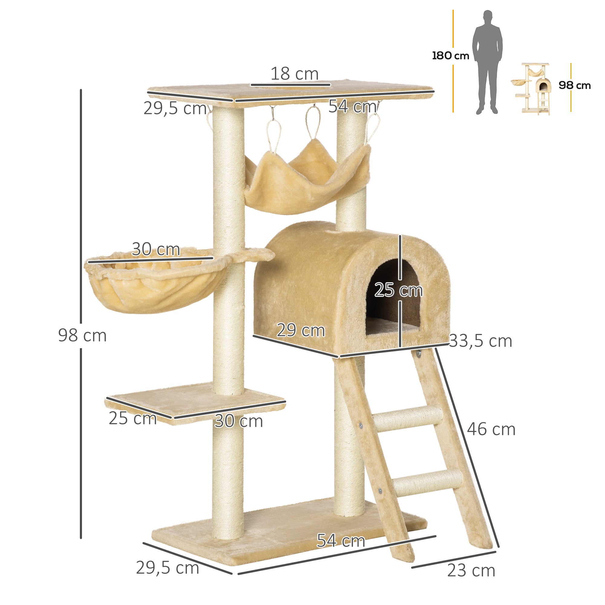 Arbre à chat griffoir arbre à grimper stable à plusieurs niveaux centre d'activités hauteur 98 cm beige