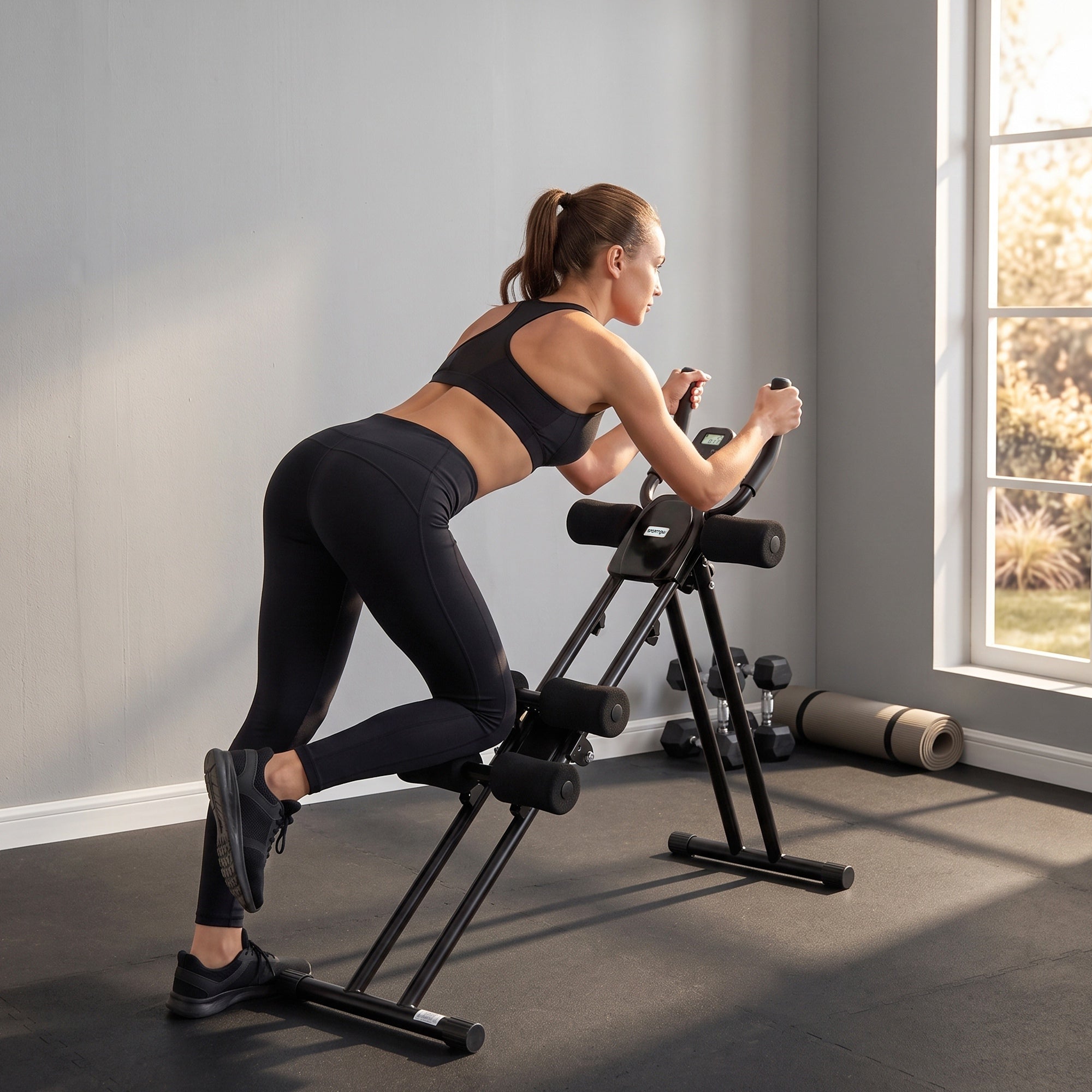 Appareil à Abdominaux Pliable avec Écran LCD, Double Rail, Mousse PVC, Cadre en Acier, 92x41x83cm, Noir