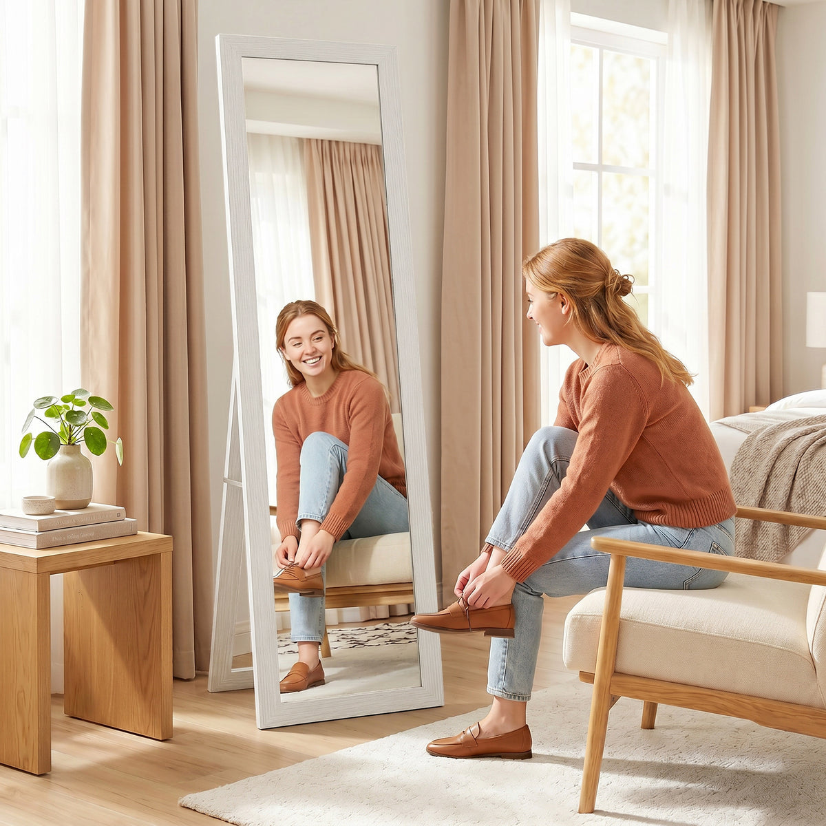 Miroir sur pied mural ou à poser rectangulaire avec cadre en bois pour salon chambre à coucher 37 x 155 cm blanc
